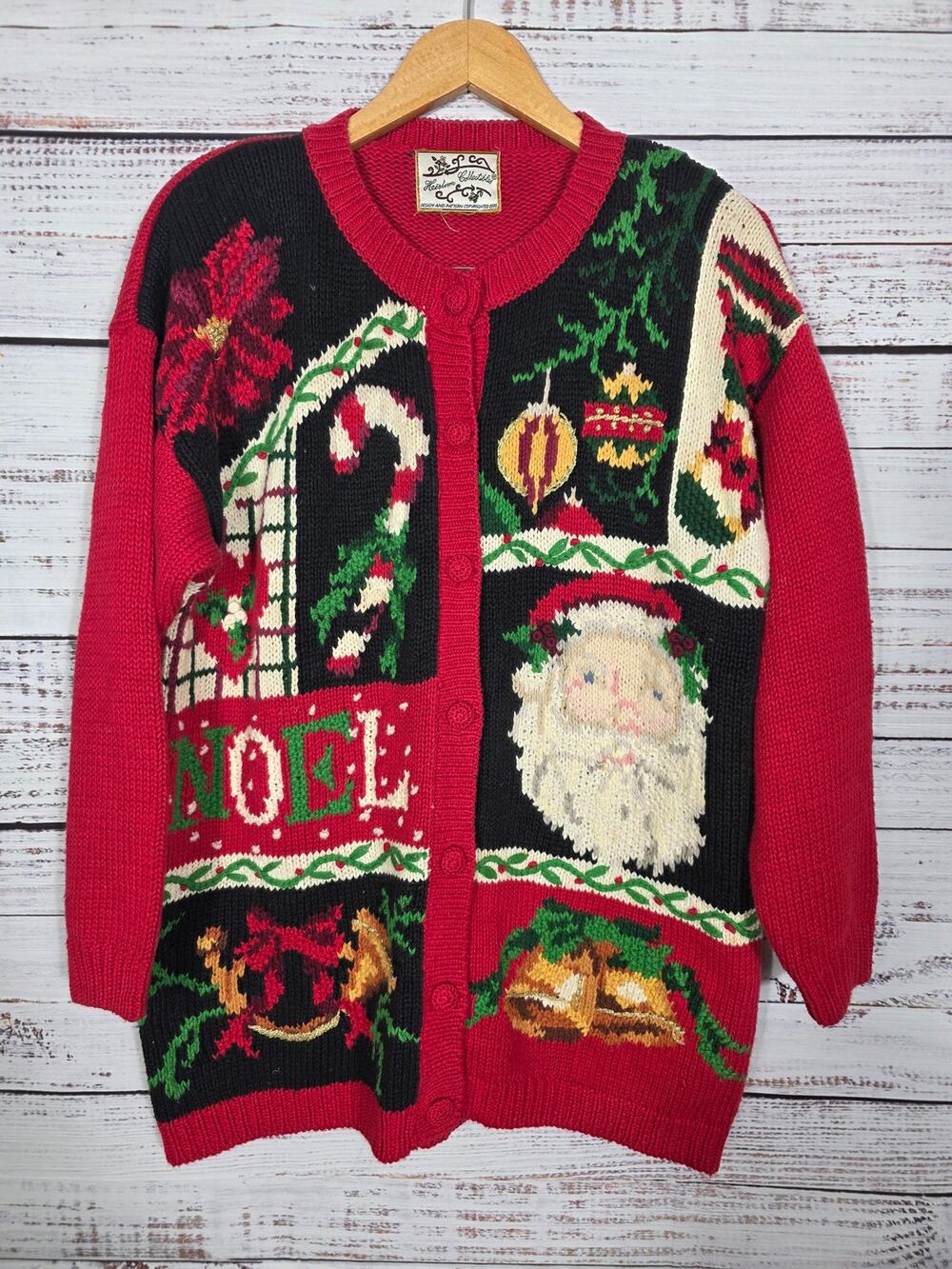 VTG Heirloom Collectibles Christmas Sweater Santa Noel Patchwork Women's Large